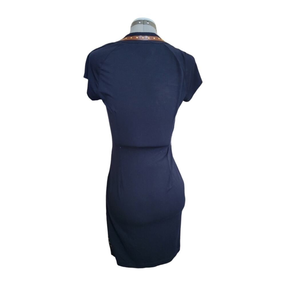 Carmen Marc Valvo Wrap Leather Studded Moto Style Dress Size Medium Navy Blue - Picture 2 of 7